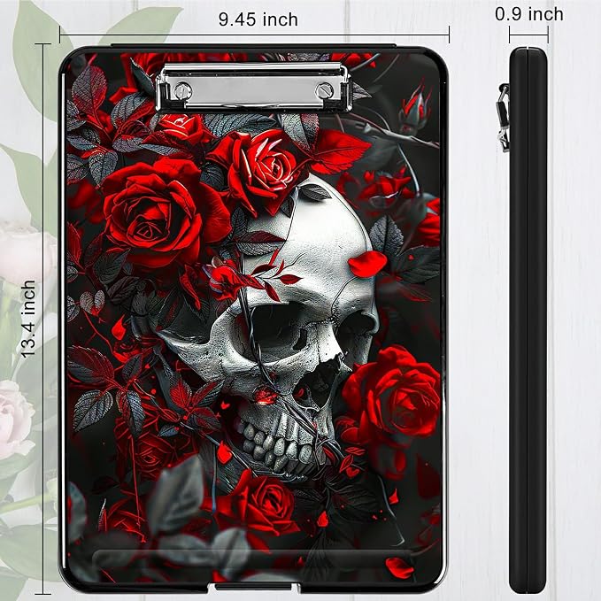 Red Rose Skull A4 Clipboard with Storage Pen Holder, Clipboards Organizer Nursing Clipboard Foldable File Folder Plastic Clipboard Folio Clip Board for Office Students Classroom Doctor