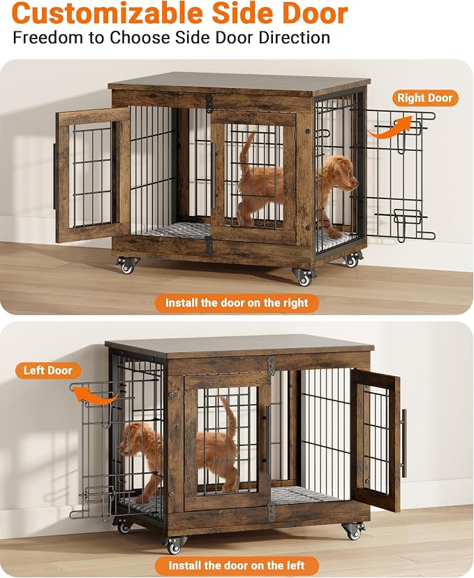 YaFiti Dog Crate Furniture, 27.2" Wooden Indoor Dog Kennel, Rustic Brown | for Small Dogs, Up to 30 lb, Cushion, Wheels, Double Doors, Furniture Style, Side End Table, Decorative Pet Cage House