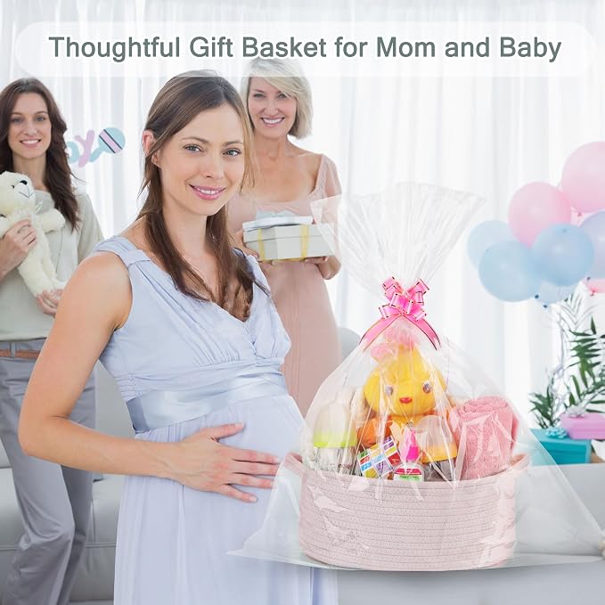 COMSE Empty Small Gift Basket with Bag & Ribbons, Light pink | Cotton Rope, 12"x 8"x 5", Baby Toy Organizer, Stores Small Items for Bedrooms, Nurseries, Bathrooms, Living Rooms, Offices