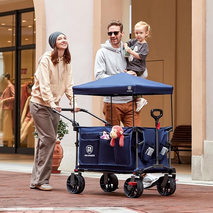 EVER ADVANCED Folding Push Wagon with Canopy, Shopping Cart with Brakes | Portable Collapsible Wagon Cart with All-Terrain Big Wheels for Camping, Beach, Sports