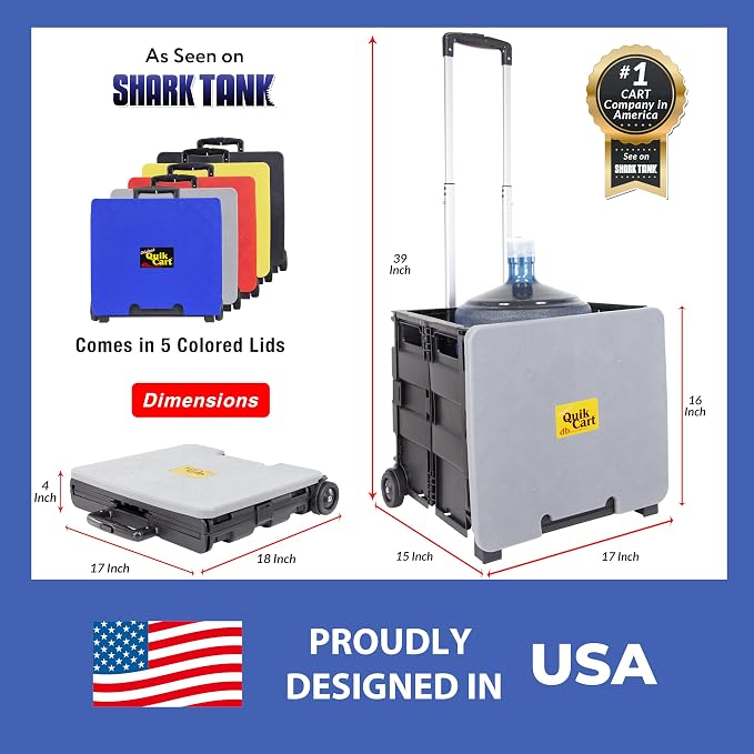 dbest Products Quik Cart Standard Collapsible Rolling Crate - Gray Lid | with Wheels, Roll Up to 80 lbs Capacity, Heavy Duty Plastic Construction, Telescoping Handle, Foldable Utility Cart