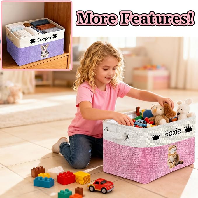 Personalized Dog Toy Storage Basket Custom Dog Name Photo Cat Pet's Gift Baskets Collapsible Organizer Box Foldable Storage Basket with Handle for Toys, Coats, Clothing, Blankets, Pink