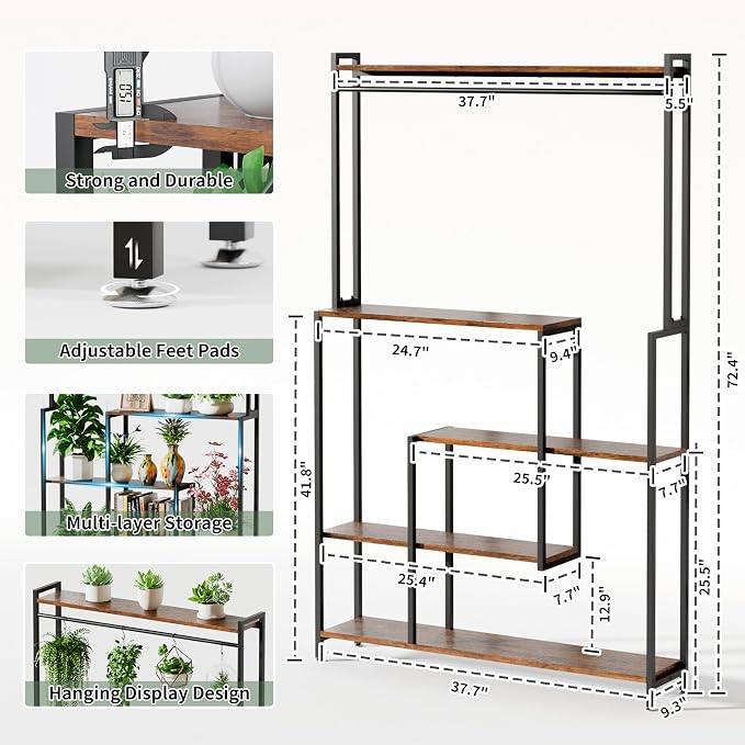 MJOMKN Large Plant Stand Indoor with Grow Light, 72" Tall, 5 Tiers | Metal Plant Shelf, 12 Pots Holder, Heavy-Duty Rectangle Display Rack, For Living Room, Patio, Corner