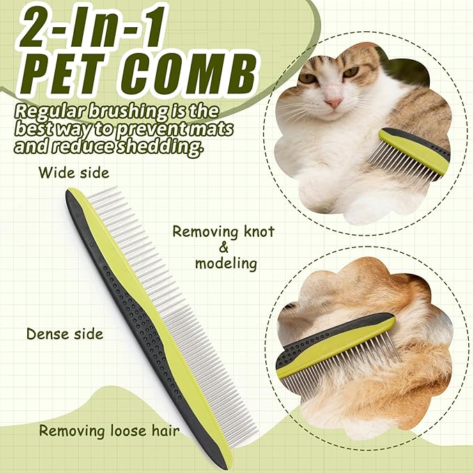 2-in-1 Dog Grooming Brush for Shedding & Dematting Comb for Dogs and Cats, Double Coat Undercoat Rake & Slicker Brush Pet Grooming Tool (Green)