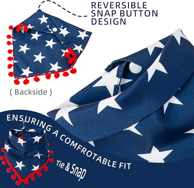 4th of July Dog Bandana, American Flag Star Pattern Holiday Triangle Scarf, Adjustable Snap Button Patriotic Neckwear for Large Breeds (30-75lbs)