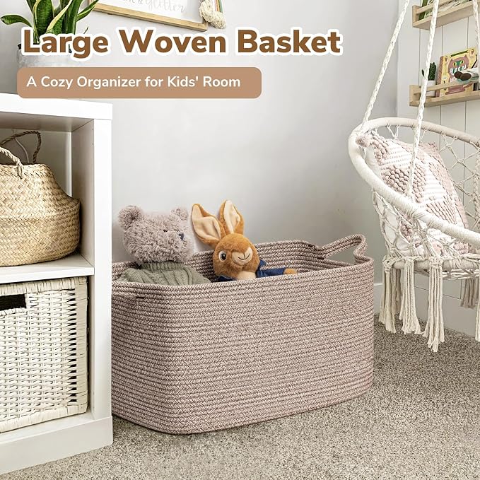 Goodpick Large Woven Rope Blanket Basket, Rectangle, Brown, 75L | 21.6'' x 14.9'' x 11.8'' Storage Basket for Blankets, Toys & Clothes, Living Room & Nursery Organization, Reinforced Handles