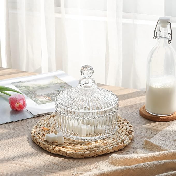ComSaf 14oz Glass Candy Dish with Lid for Office Desk Small Jar Clear Cute | Covered Candy Storage, Coffee Table Office Desk Bathroom Vanity Decor, Countertop Display, Wedding Favors, Living Room Decor