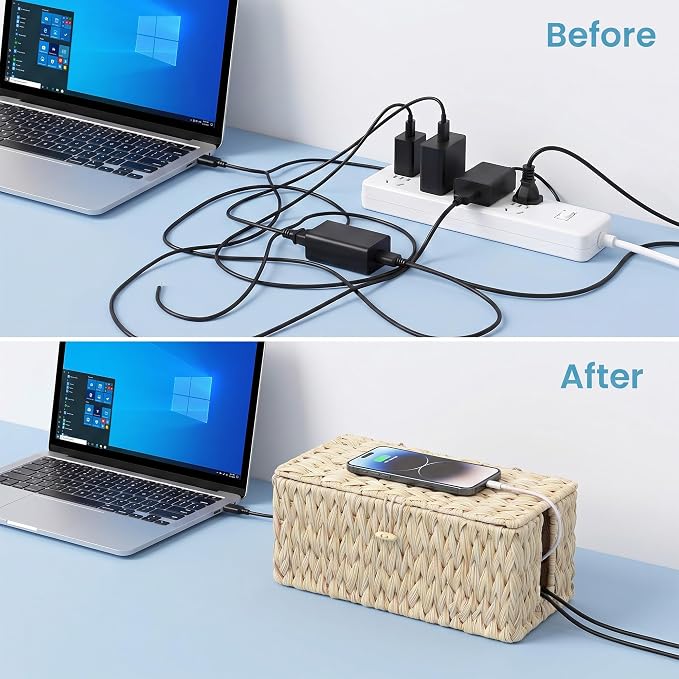 efluky 2 Pack Plastic Floor Cord Covers with Lid, Hand-Woven Cable Management Box, 2 Open Slots Cord Box to to Hide USB Wire, Power Strip & Charger for Home & Office and Dorm, Milky White