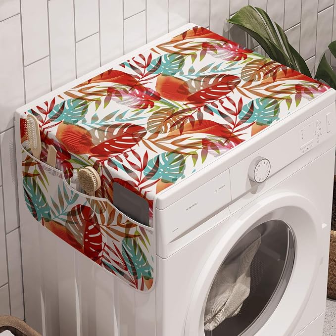 Ambesonne Botanical Washing Machine Organizer, Tropical and Colorful Jungle Monstera Leaves Along Paradise Flowers Pattern, Anti-slip Fabric Cover for Washers and Dryers, 47" x 18.5", Red Teal
