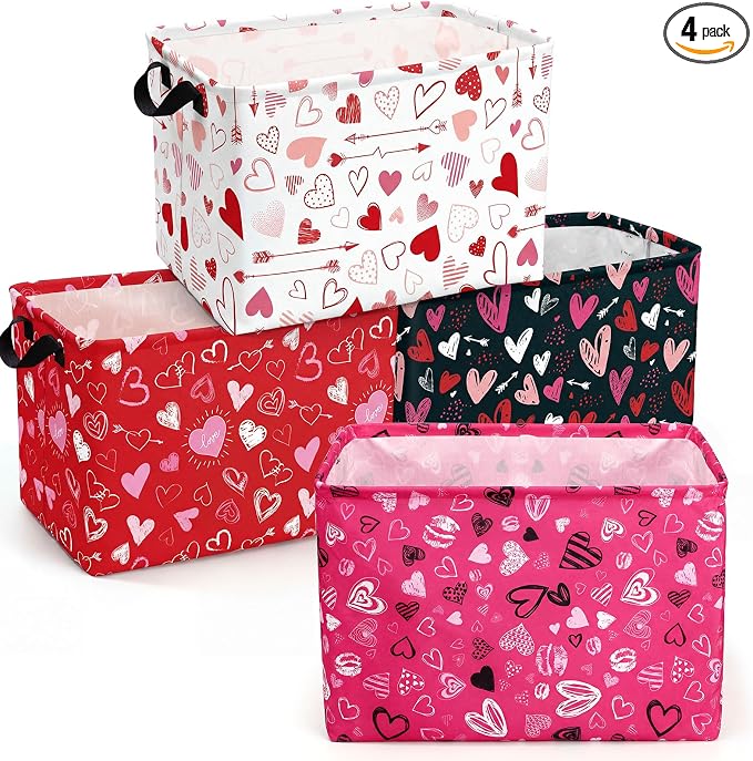 FoldTier 4 Pcs Valentine's Day Storage Baskets Empty Collapsible Valentines Basket with Handles Red Pink Black Heart Storage Boxes for Gifts Home Room Nursery Books Cloth Holiday Containers (Heart)