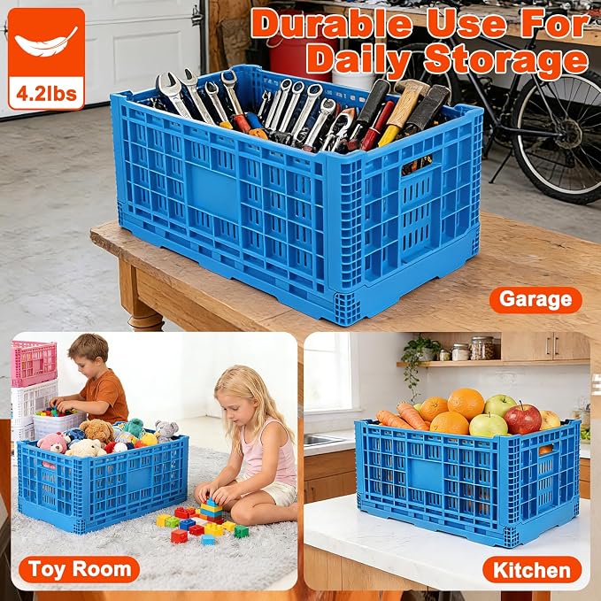 72L Plastic Milk Crate for Storage, Hold 130 lbs Per Bin, | Collapsible Storage Bins, Heavy Duty Storage Crates for Organizing Tools, Books, Food, Drinks, Camping & Transport