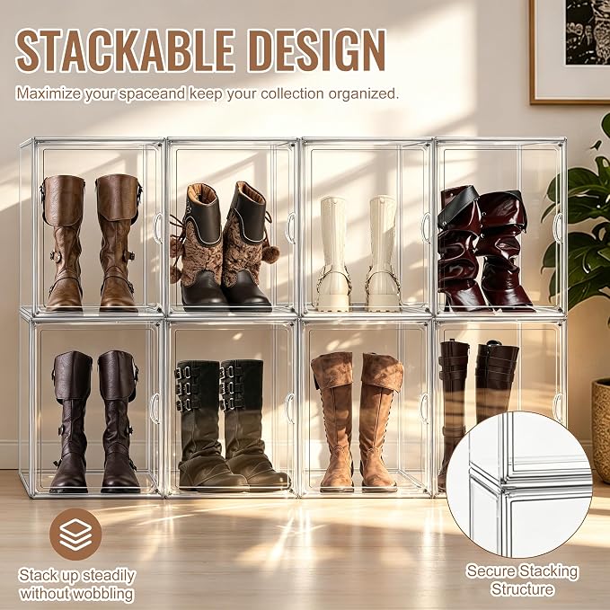 Clear Tall Boot Storage Box, Organizer for Ankle Boots and Booties | Fits Men/Women Shoes Size 15.Designed for ankle boots,short fashion boots.Clear stackable storage with dustproof protection.