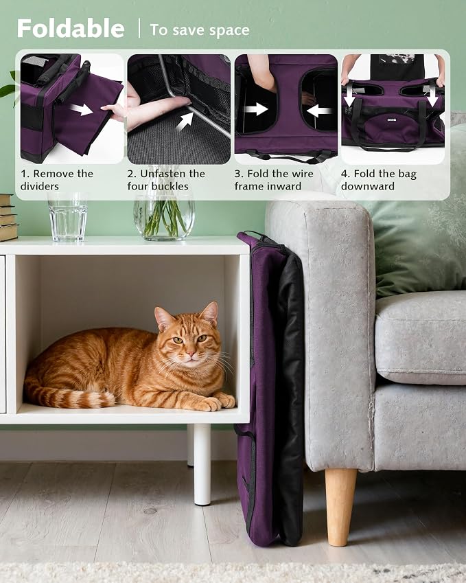 Pecute Cat Carrier, Soft Double Pet Crate for 2 Cats Travel, Purple | Anti-Collapse Steel Frame, Convertible Dual Space, Foldable, Polyester Breathable mesh, Up to 26 lbs, Car Travel & Vet Visits