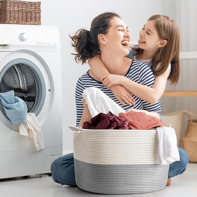 XXXLarge Blanket Basket Living Room - 22" x 22" x 14" Cotton Rope Baskets for Storage - Large Woven Basket for Toys, Towels, Pillows, Clothes- Rope Laundry Basket with Handles - Nursery Hamper Bin
