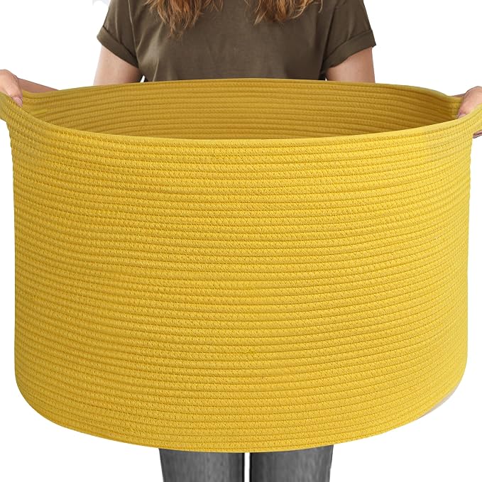 Extra Large 115L Yellow Basket, 23.6" x15.7 Cotton Rope Yellow Decor for Living Room Bedroom, Woven Basket for Blanket, Laundry, Towel, Shoe, Kids Toy Box Organizer, Room Decor Storage Bin