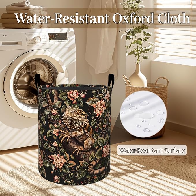 Bearded Dragon Laundry Basket, Vintage Floral Foldable Oxford Cloth, Waterproof Dirty Clothes Hamper with Handles, Clothing Storage Bin Toy Organizer for Bedroom Dorm Bathroom, 19.7"x15.7"