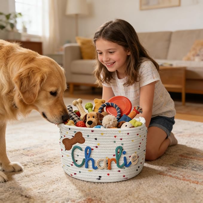 Personalized Dog Cat Toy Basket, Custom Cotton Rope Storage Basket with Name for Pet Supplies, Customized Puppy Kitten Organizer for Snacks, Toys, Blankets – Easter Birthday Gift for Pets