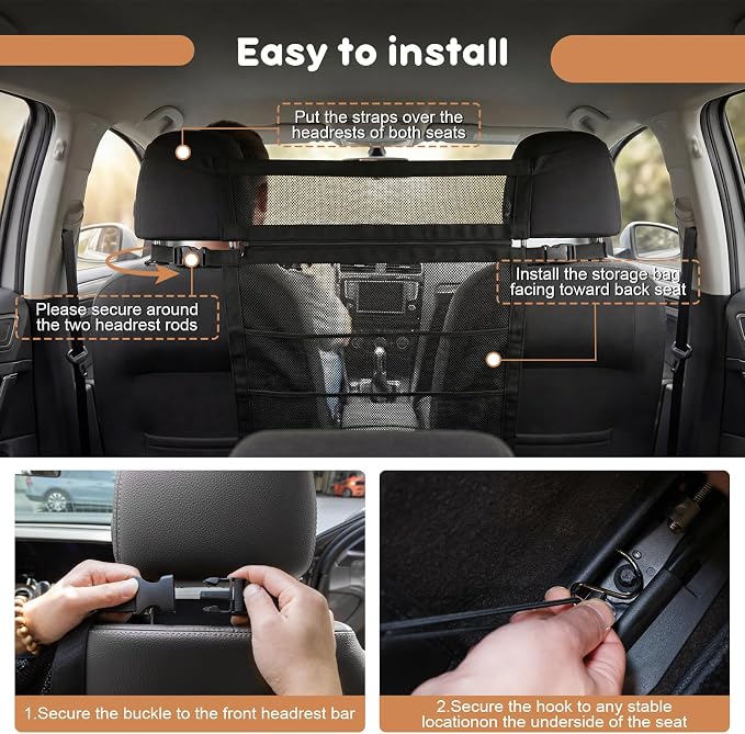 Dog Car Barrier with Mesh Organizer,Pet Safety Divider, Dog Net Easy Install for Cars & SUV,Truck(Upgraded&Heightened)