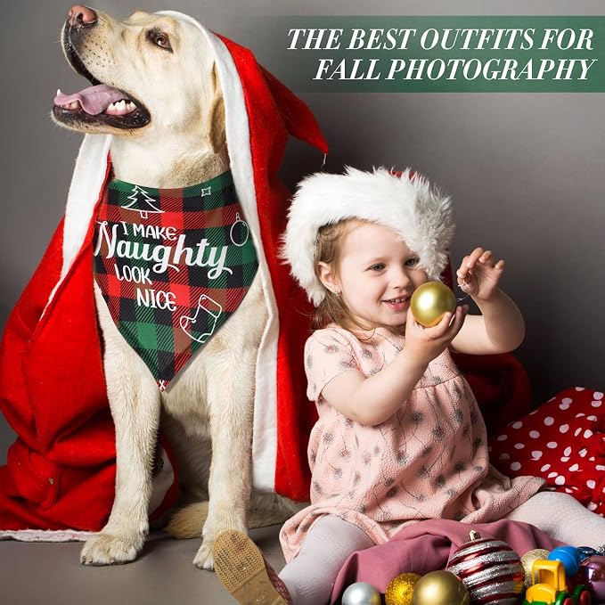 8 Pcs Christmas Dog Bandanas Buffalo Plaid Pet Scarf Bibs,Large | Adjustable Triangle Bibs with Holiday Sayings, Reversible Red Black Green Plaid, Festive Costume Accessory for Pet Photos