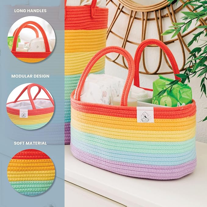 OrganiHaus Rainbow Rope Diaper Caddy Organizer, Nursery Basket | Woven handles; a toy bin, laundry bin, or newborn essentials storage; great for car, baby shower gifts, or bedroom decor