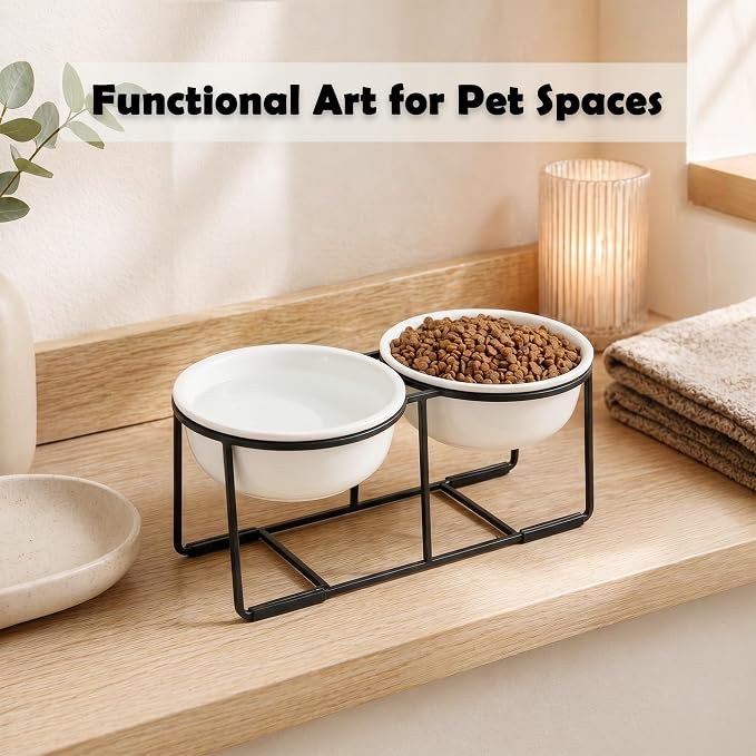 Ceramic Elevated Dog Bowl Set - Raised Food and Water Bowls with Metal Stand - Double Pet Dishes for Small and Medium Dogs - 3 Cups - 24.3 fl oz - Matte White