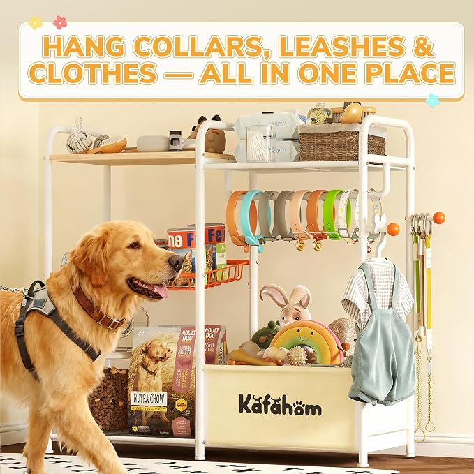 KAFAHOM Dog Toy Bin, Multi-Functional Dog Toy Basket with Collar Rod & Can Dispenser, Puppy Essentials Shelf, Dog Stuff Box, Perfect Basket for Dog Toys in Living Room, Great Gift for Pet Lovers