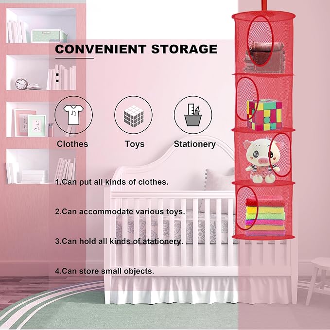 2Pcs Hanging Stuffed Animal Storage Hammock 4 Tiers, Red | Hanging Mesh Storage Organizer for Kids Room, Holds Plushies, Gloves, Hats, Socks, Foldable Space-saving Design