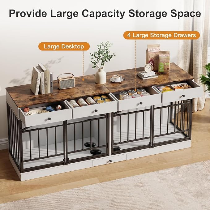 Dog Crate Furniture for 2 Dogs, Double Dog Crate TV Stand, White | 78.7'' Large Dog Kennel Indoor, 4 Storage Drawers and Feeding Bowls, Pet Kennel for Small and Medium Dogs