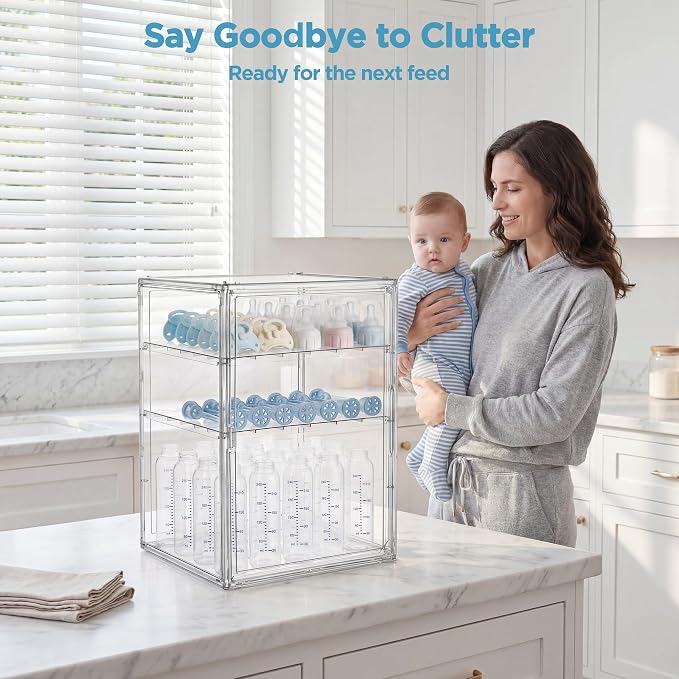 HBlife Baby Bottle Storage Organizer for Countertop Cabinet, 3 Tiers Adjustable Clear Acrylic Bottles Storage Station Case Box Container with 2 Removable Dividers and Magnetic Door, XXL