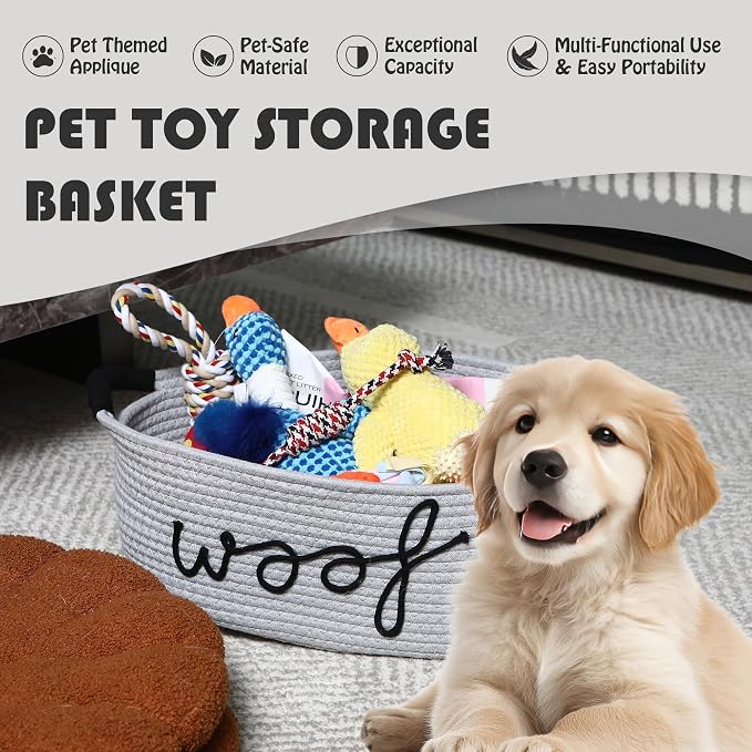 Sea Team Dog Toy Storage Basket with Handles, Gray Woof | Large Cotton Rope Storage Bin, Shelf Basket, Organizer for Pet Chew Toys, Foods, 16.5 x 11 x 7 Inches, 4.4 Gallons