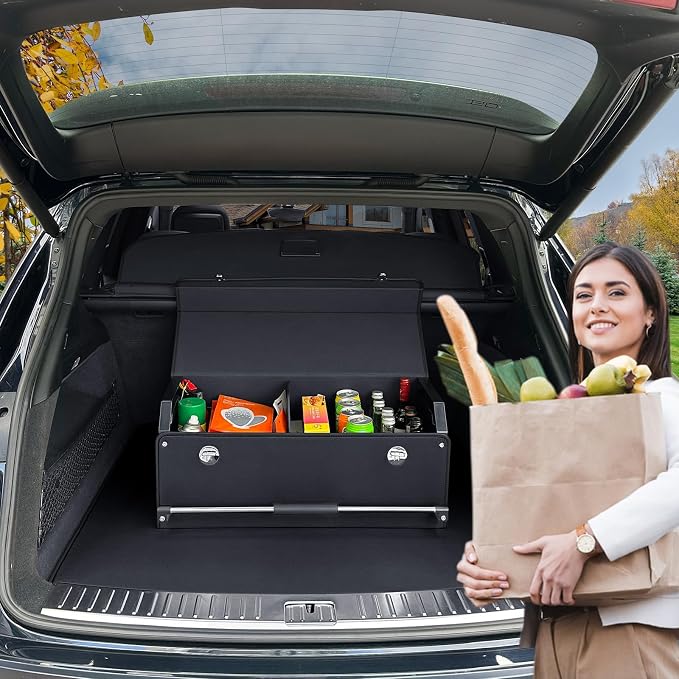 Car Trunk Organizer Leather Car Storage Organizer with Lid Car Organizer | Suv Trunk Organizer with Sturdy Handle Car Cargo Storage Box for Minivan, Sedan, Jeep (Black, 27 x 11.4 x 12.2in)