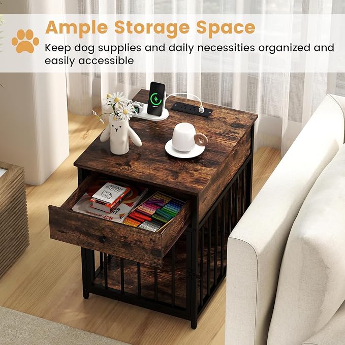 Giantex Dog Crate End Table with Charging Station, Small Dog Kennel Furniture with Drawer, Chew-Resistant Metal Tube, Lockable Door, Indoor Pet Cage Side Table for Small Dogs, Rustic Brown