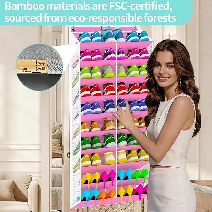 Heavy-Duty over the Door Shoe Organizer, Extra-Wide Large, Holds 30 Pairs & Supports 100lbs, with Reinforced Grommets & Bamboo Rods, Fits Men's Size 12 & Boots, Pink
