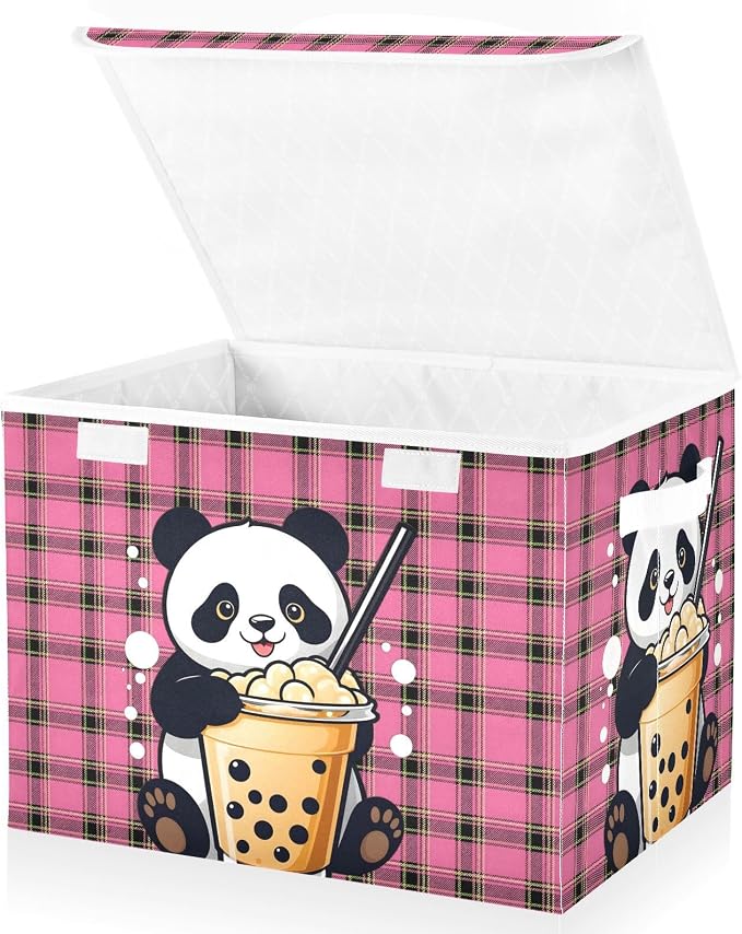Panda Milk Tea Fabric Storage Bins with Lid Closet Storage Basket 40L | Foldable & Stackable, Flip Top Dust Guard, Reinforced Handles, Home & Bedroom, Clothes & Toys, Panda Print Basket
