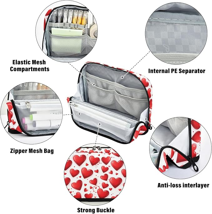 Aslsiy Large Capacity Pencil Case Glossy Heart Happy Valentine Day-1 Pencil Pouch for Boys Girls Portable Pen Bag Organizer Standing Makeup Bag for School Office Supplies