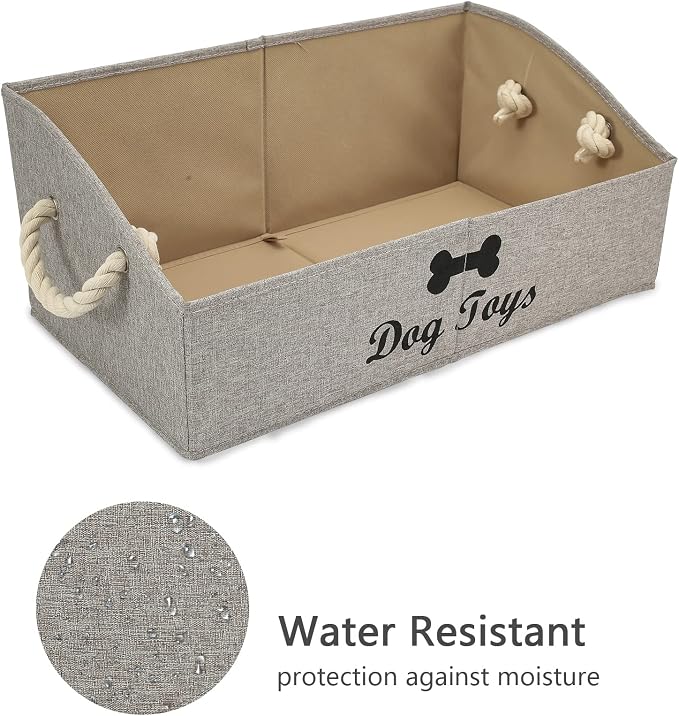 Large Dog Toys Storage Bins - Foldable linen Trapezoid Organizer Boxes with weave Rope Handle, Collapsible Basket for Shelves (Light Brown-DOG)