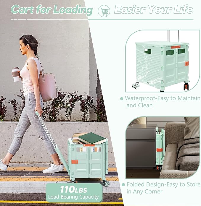 Foldable Utility Cart Rolling Crate Handcart Shopping Cart with Rotate Wheels Extended Magnetic Lid Telescoping Handle Adjustable Angle for Transports Groceries Office Teacher File(Green)