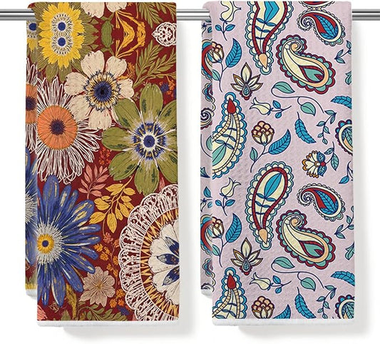 2PCS Vintage Boho Floral Kitchen Towels 14x24 Inch, Absorbent Microfiber Decorative Dish Cloth Tea Towel, Retro Colorful Flower Dish Tea Towels Drying Cloth for Kitchen, Housewarming Gifts for Women01