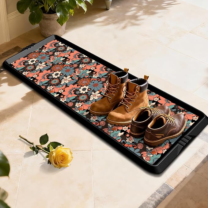 BEHERO Boot Tray Shoe Mat Decorative Patterned, Rubber Shoe Matt Tray Indoor/Outdoor Use, 16" x47.5" Shoe Cleaning Mat Non-Slip, Shoe Storage Waterproof Flower Prints for Entryway, Sunlit Blossom