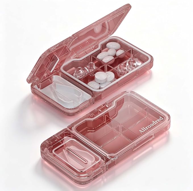 2-in-1 Pill Cutter and Splitter with Pill Organizer, Airtight Moisture-Proof Pill Case, Stainless Steel Blade for Tablets, Vitamins & Supplements, Travel Pill Case (Satin Red)