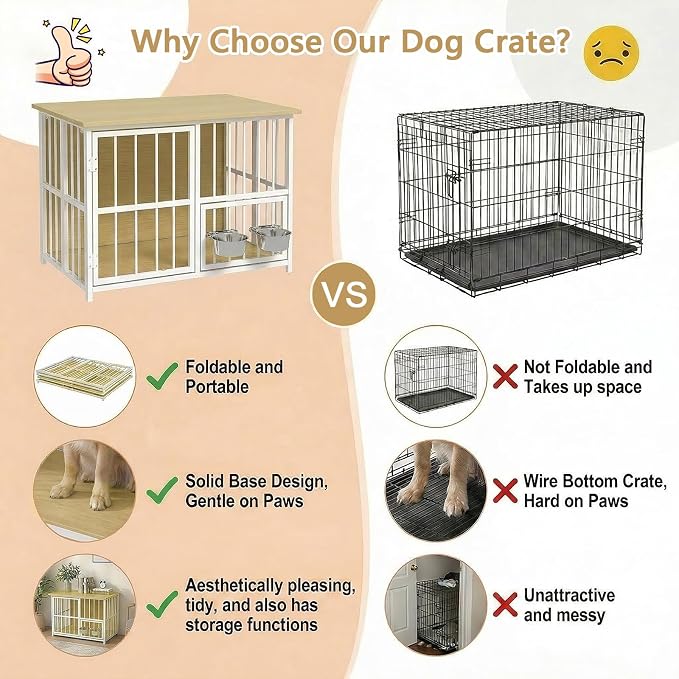 Hadulcet 27'' Foldable Dog Crate Furniture, Small Dog Kennel with 2 Bowls | Wooden Crate Table with Storage Top, Furniture Style Indoor Kennel for Small to Medium Dogs with Rotating Food Door, Oak