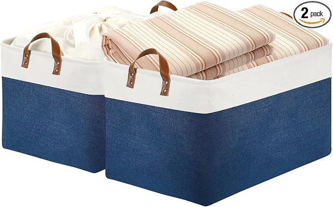 DULLEMELO 2-Pack Extra Large Blanket Basket Fabric Storage Baskets with Handles, Canvas Storage Baskets for Organizing Shelves Closet Toys Books, 22 x 15 x 13 inches(White&Blue)