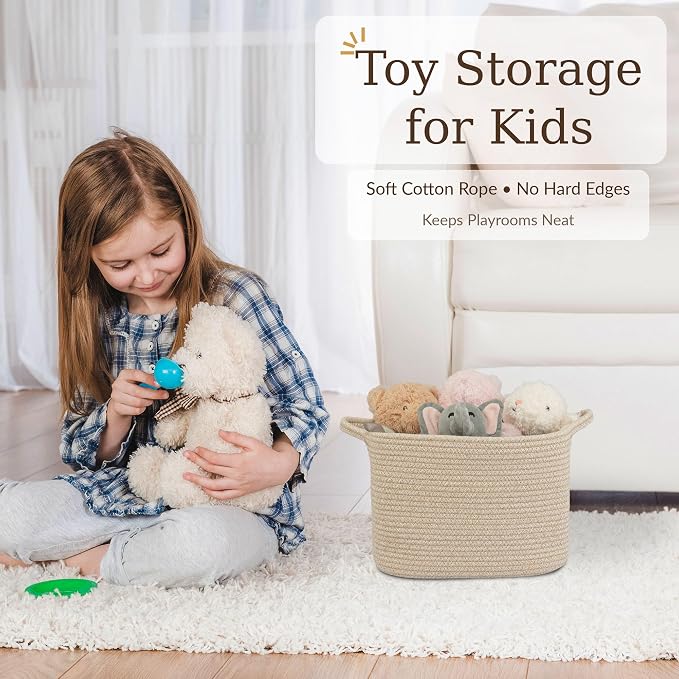 XUANGUO Woven Cotton Rope Storage Basket with Handles 13x10x9 inch Oatmeal | Woven cotton rope basket for shelves and closets. Perfect for toys, books, clothes, nursery storage and gift baskets