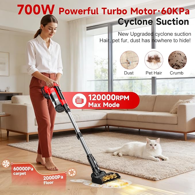 60kPa Cordless Vacuum Cleaner, 8000mAh Brushless Pet Vacuum, 6 in 1 Lightweight Stick Vacuum with 2L Dust Cup, 3 Suction Modes, 700W Portable Handheld Cordless Vacuum for Pet Hair/Hardwood Floor/Dorm