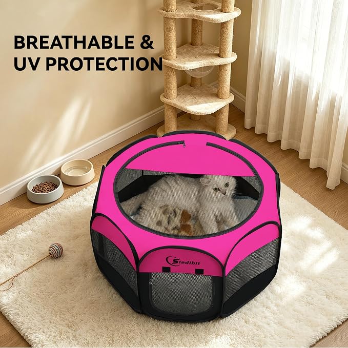 Siedihit Dog Playpen, Puppy Pet Playpens Indoor for Small Dogs Tent Crates | Cage Indoor/Outdoor, Portable Pop Up Dog Kennel Playpen with Carrying Case for Dogs/Cats/Rabbits, Hot Pink