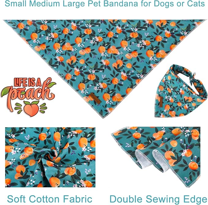 Summer Dog Bandana - Comfortable Cotton Triangle Bid Scarf for Medium Large Dogs - Washable Pet Kerchief for Girl Boy - Peach and Green Classic Scarf