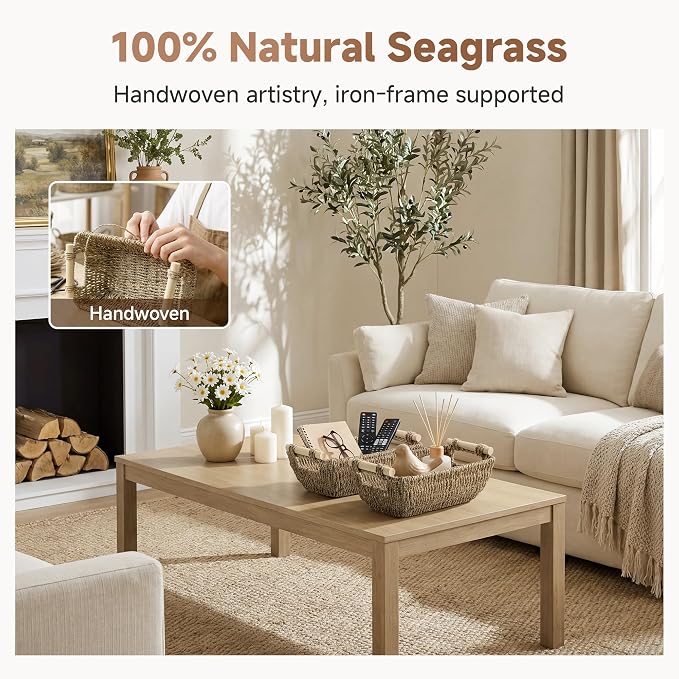 StorageWorks Small Baskets for Shelf, Seagrass Woven Basket for Gifts | Wicker Storage Baskets for Shelves, Baskets with Wooden Handles, 2-Pack Gifts Basket for Home Decor, Hand-Woven Basket