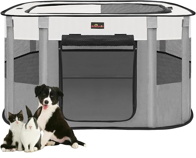 Dog Playpen, Pet Playpen, Foldable Kitten cage Puppy Play Pen, Portable Dog Kennel Tent Crate, Indoor Outdoor Travel Camping Use for Small Animals with Carrying Case (Grey L)