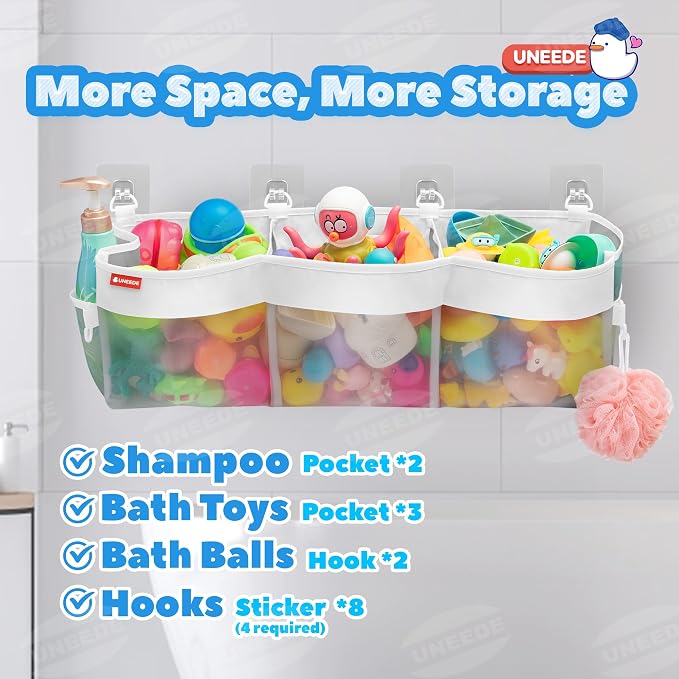 UNEEDE 4.95 Gallons 3 Compartment Horizontal Bath Toy Storage | Bathtub Toy Storage Organizer,Bath Toy Holder For Bathtub,Baby Bath Toy Organizer For Tub,Mesh Shower Caddy(Gray)