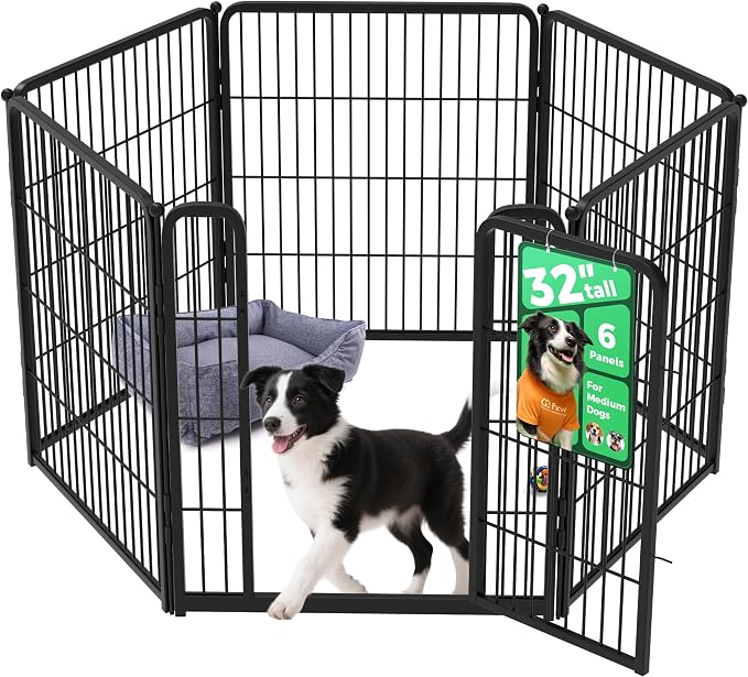 FXW Homeplus Indoor Dog Playpen, 32" H, 6 Panels, for Small & Medium Dogs | Stress-free play, Heavy-duty, Semi-open design, Easy setup, Threshold-free gate, Expandable, Patented